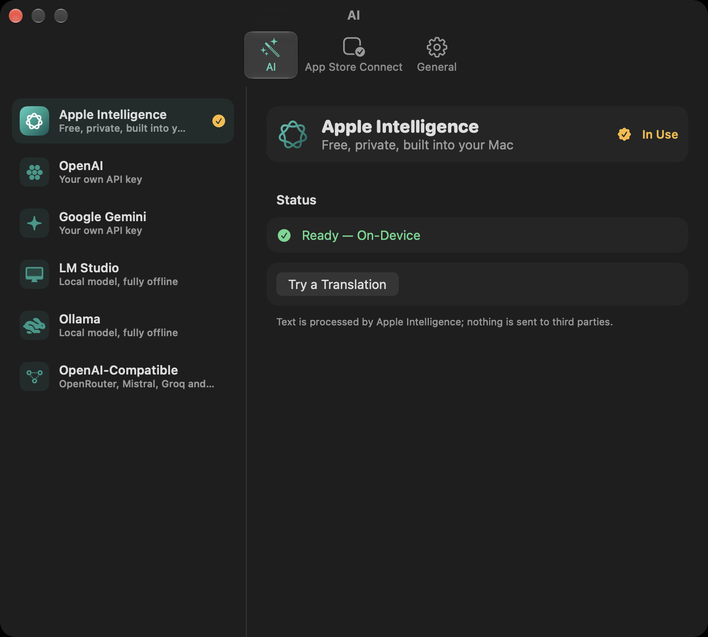 AI settings: Apple Intelligence, OpenAI, Gemini, LM Studio, Ollama
