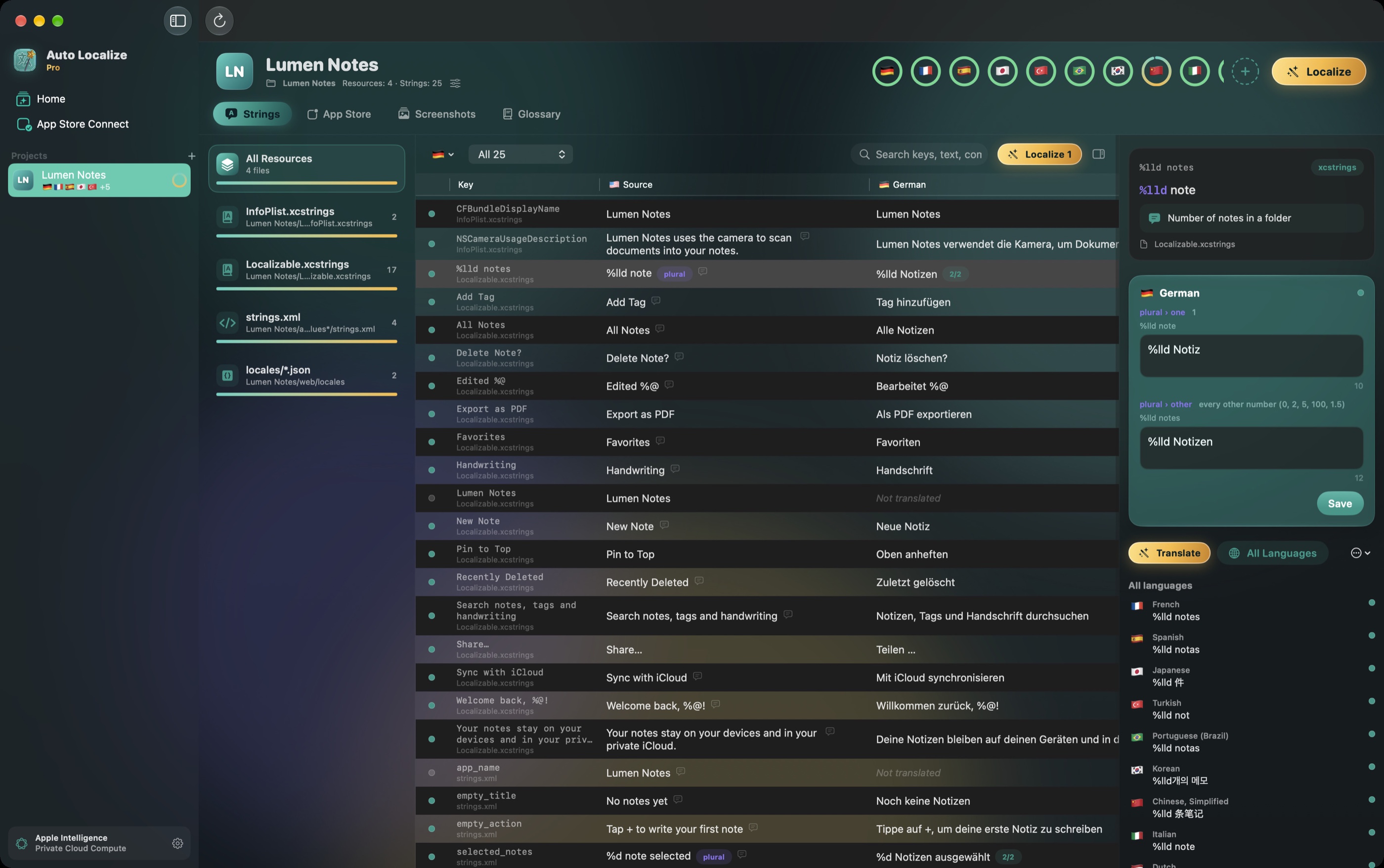 Auto Localize: every string of a project with its German translation and plural forms