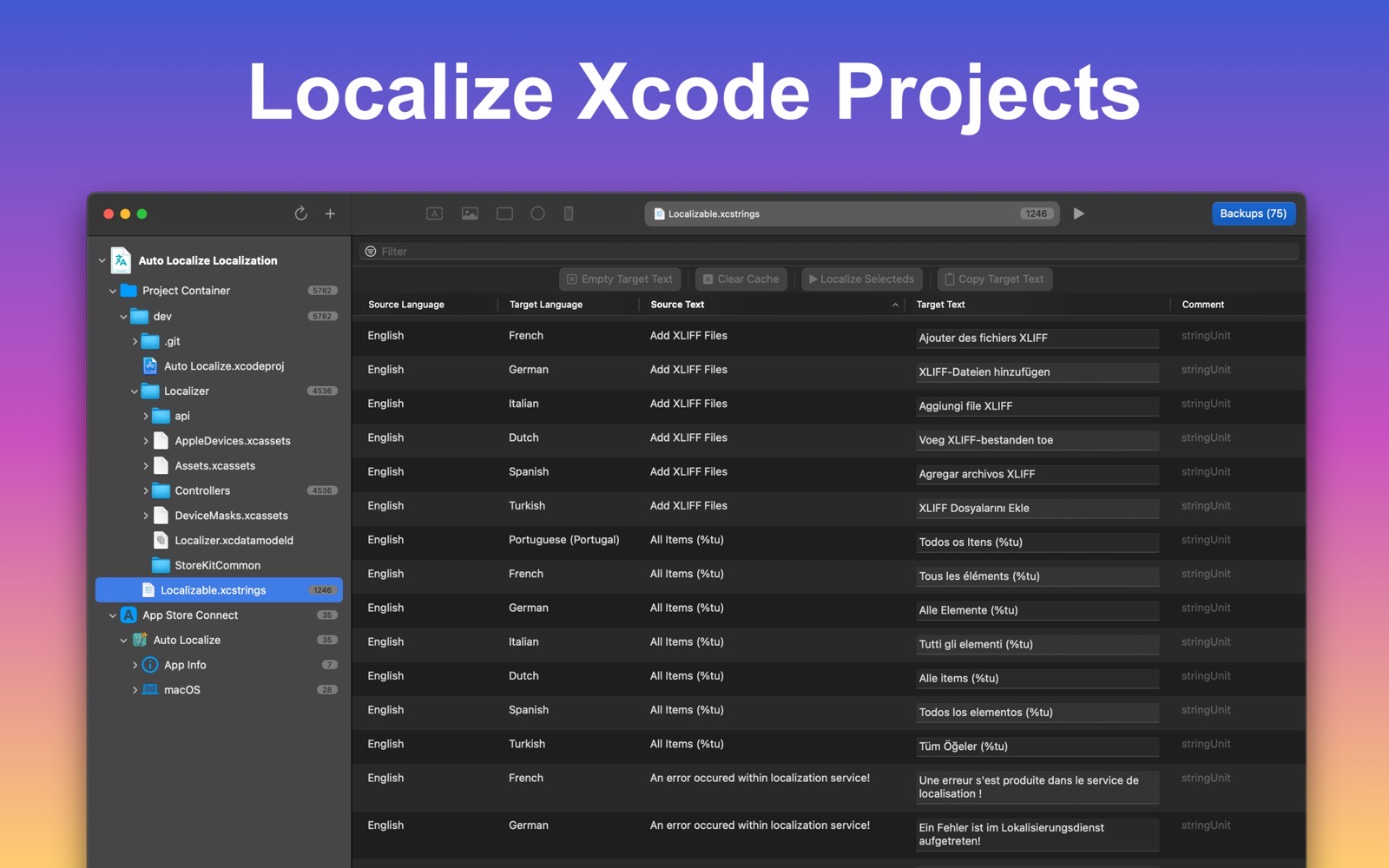 Auto Localize localizing an Xcode project