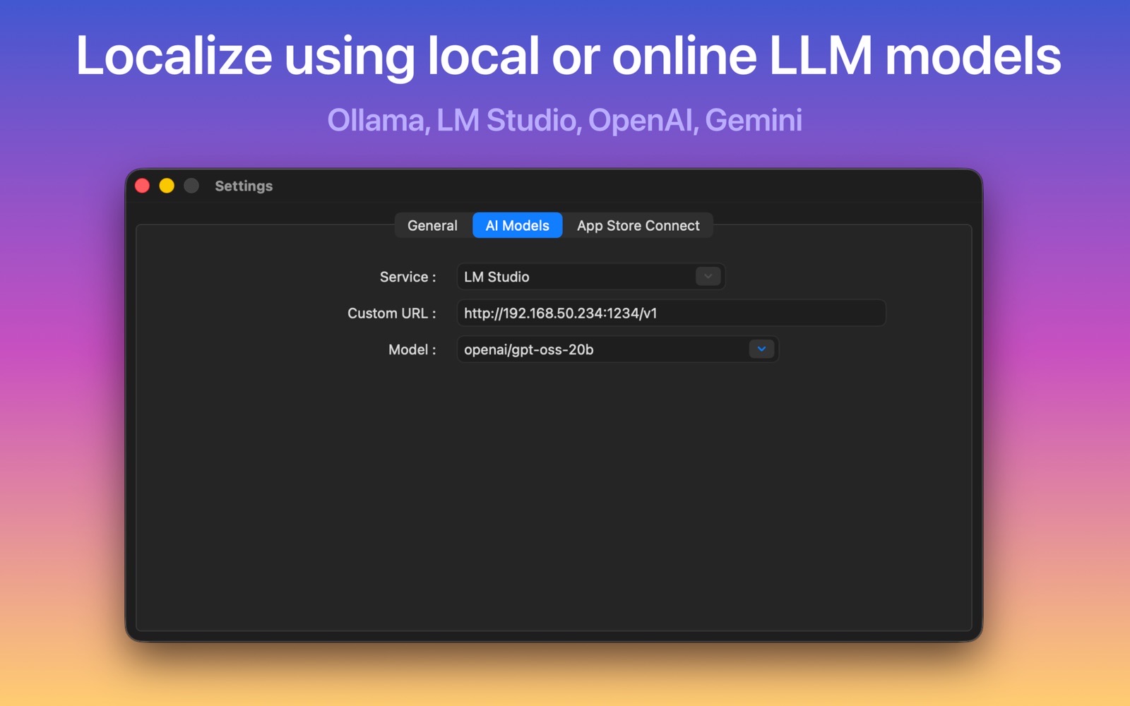 AI model settings with a local LM Studio endpoint